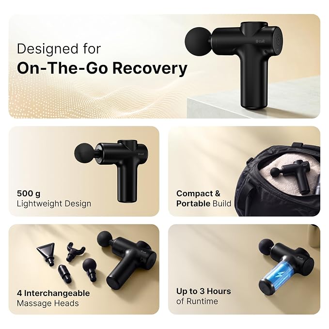 Portable Deep Tissue Massager for Full-Body Muscle Relief, Ultra-Lightweight Handheld Design, 6 Speed Levels, Up to 3-Hour Battery Life, 4 Interchangeable Heads, Deep Tissue Massager for Arms, Shoulders, Legs & Everyday Recovery